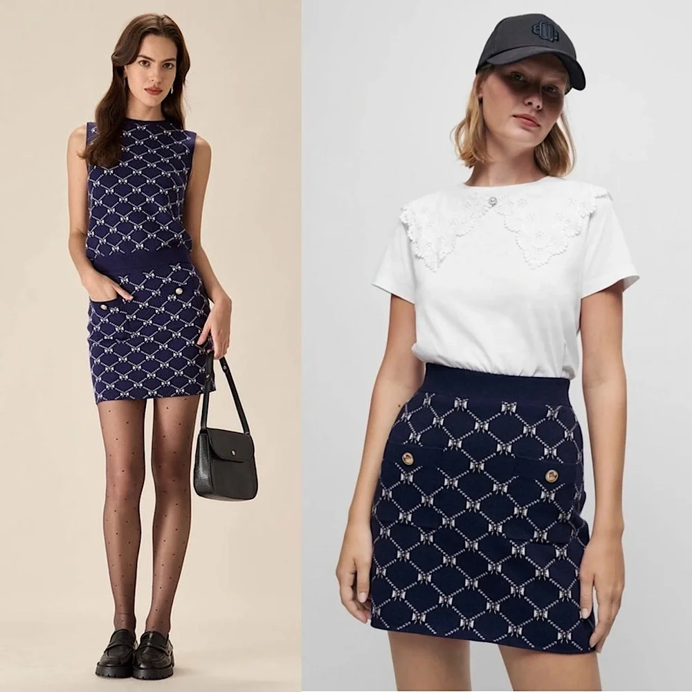 MAJE Navy Bow Design Jacquard Knit Gold‎ Logo Button Patch Pocket Mini Skirt 6